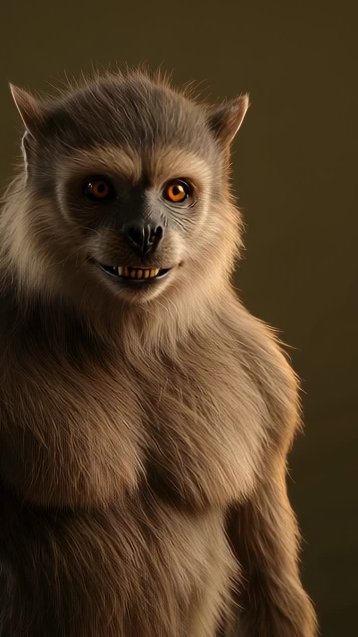 Vertical video: Blinking primate tilting head into profile in brown studio set showing half-smile