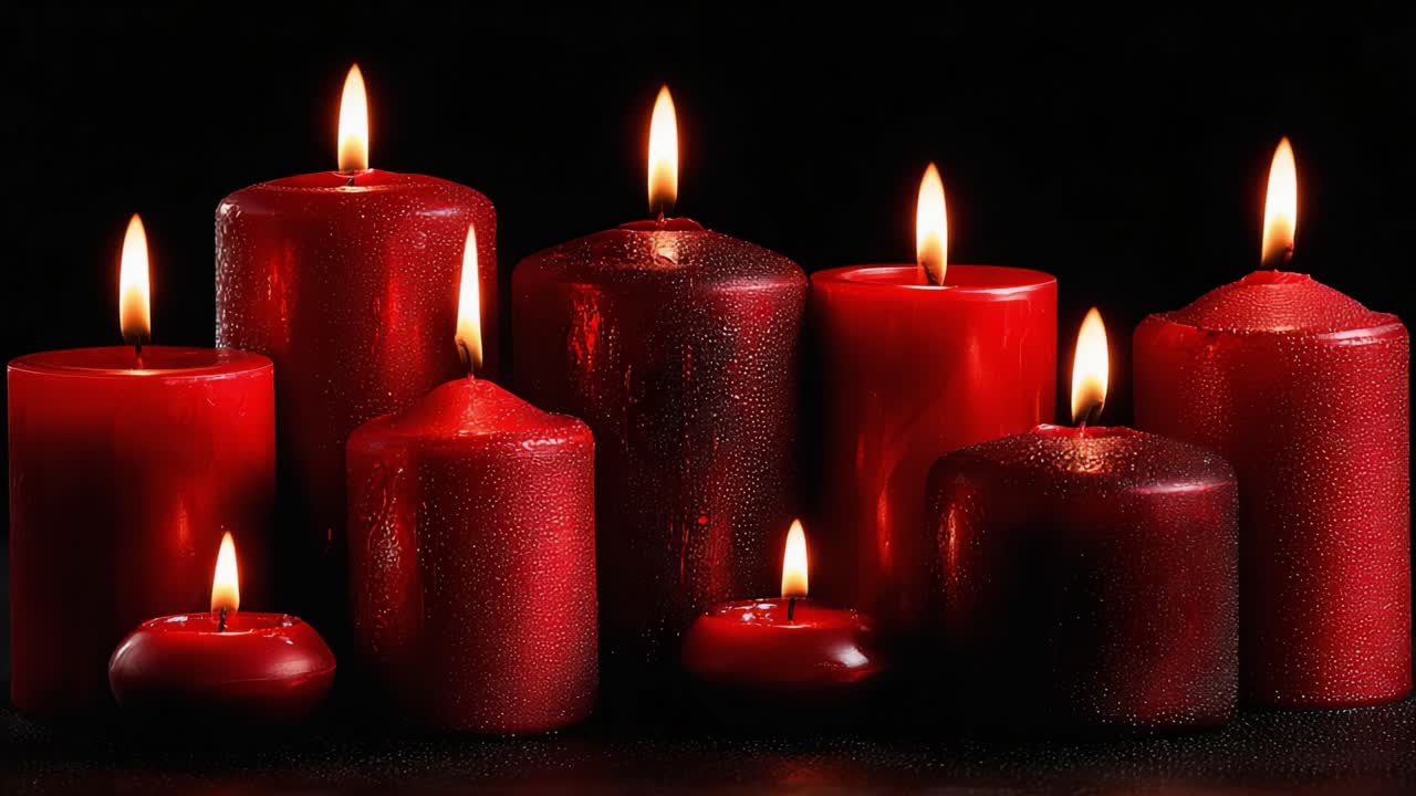 Una Serena Disposizione di Candele Rosse Scintillanti che Illuminano uno Sfondo Scuro, Creando un'Atmosfera Perfettamente Calma e Pacifica per il Relax e la Riflessione