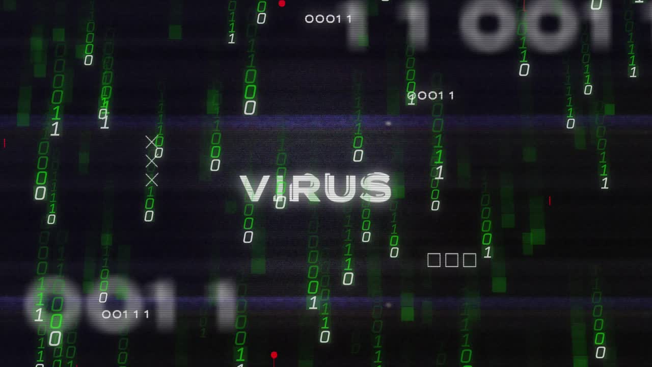 animación del texto del virus en el patrón de la placa de circuitos sobre códigos binarios que caen contra un fondo negro.