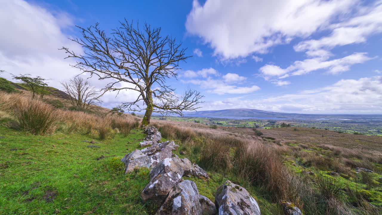 Scenic Irish Landscape with Stone Wall and Cloudy Sky