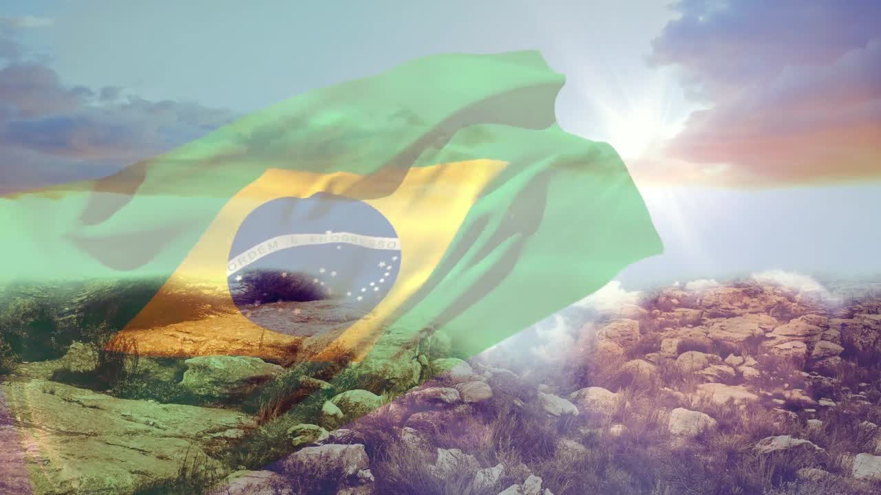 animación de la bandera de brasil ondeando sobre el paisaje