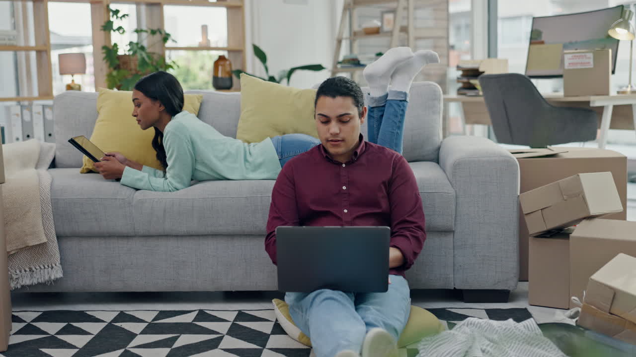 Technology, smile and internet with a couple