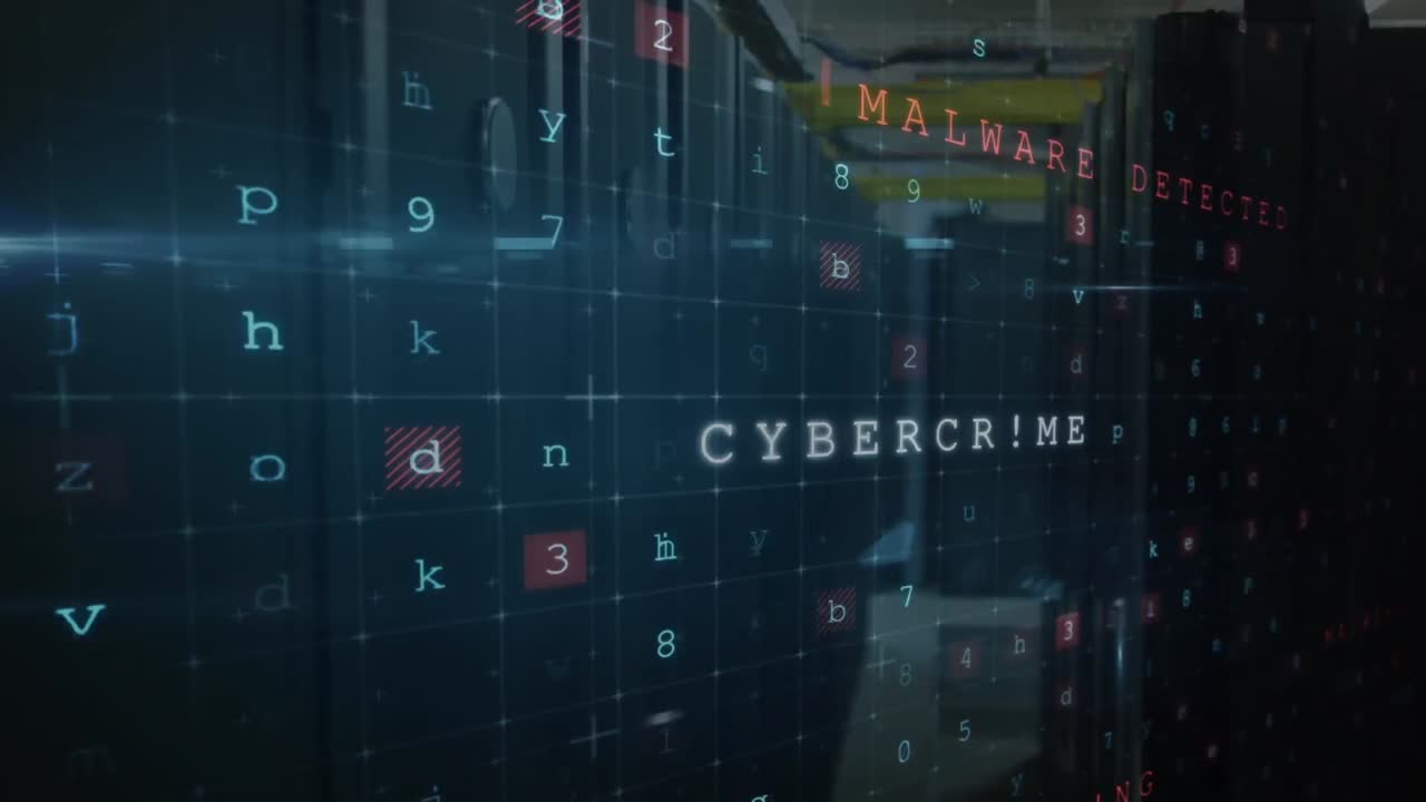 Animation of data processing and hacking texts over server room