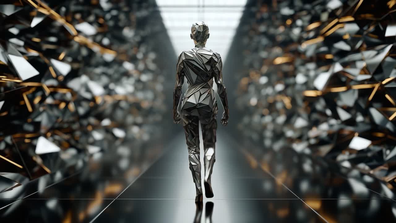 Futuristisk geometrisk humanoide går i abstrakt gang