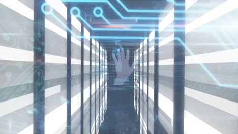animación del circuito integrado, la mano y las luces en el túnel