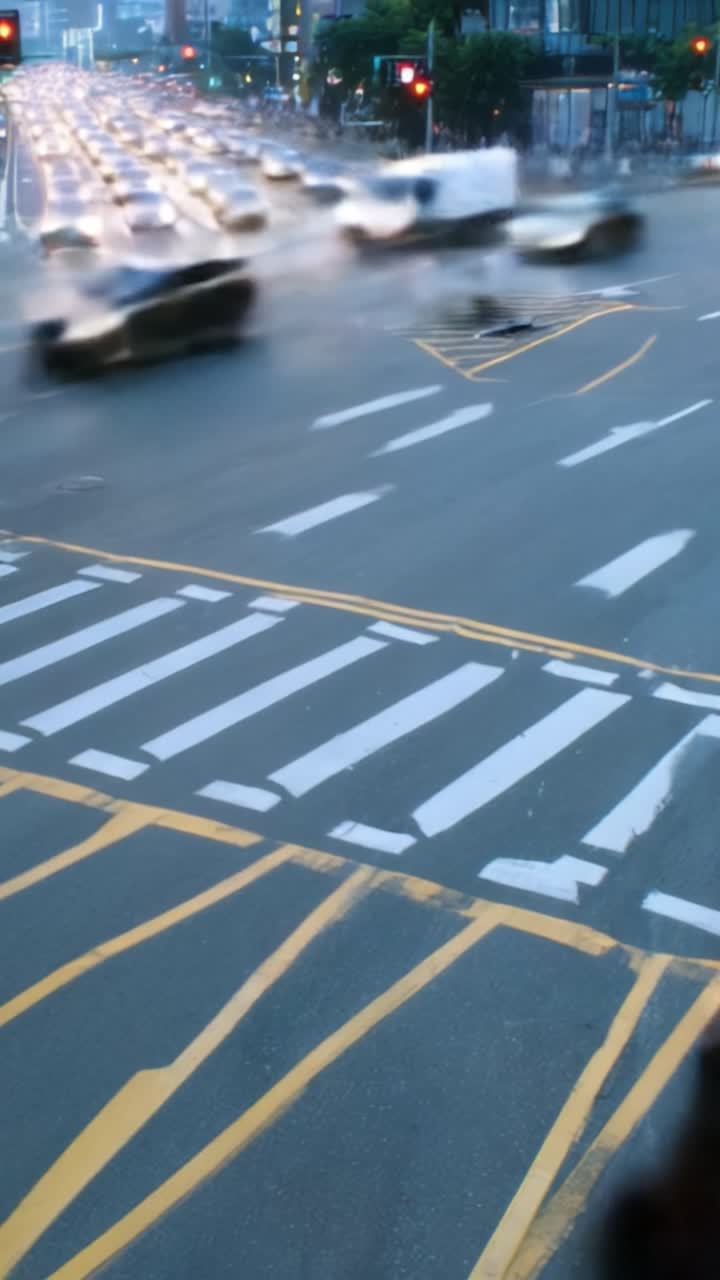 Busy Urban Intersection at Dusk: A Blurry Scene of Pedestrians and Traffic Dynamics Captured in Motion, Highlighting the Energy and Pace of City Life