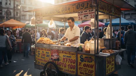 a busy street vendor serving tasty snacks at a vibrant market, capturing the essence of urban life and culinary delights in the afternoon light