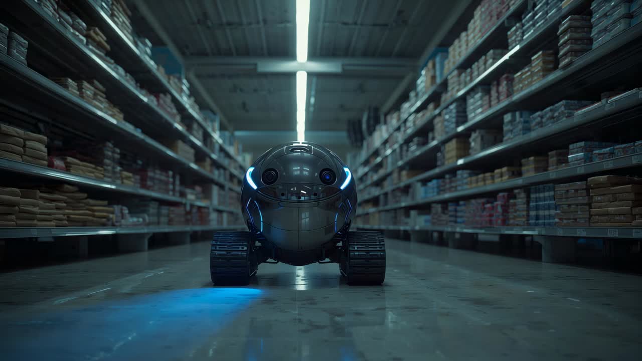 Powering up spherical inspection robot rolling down supermarket aisle, for inventory shelf scanning