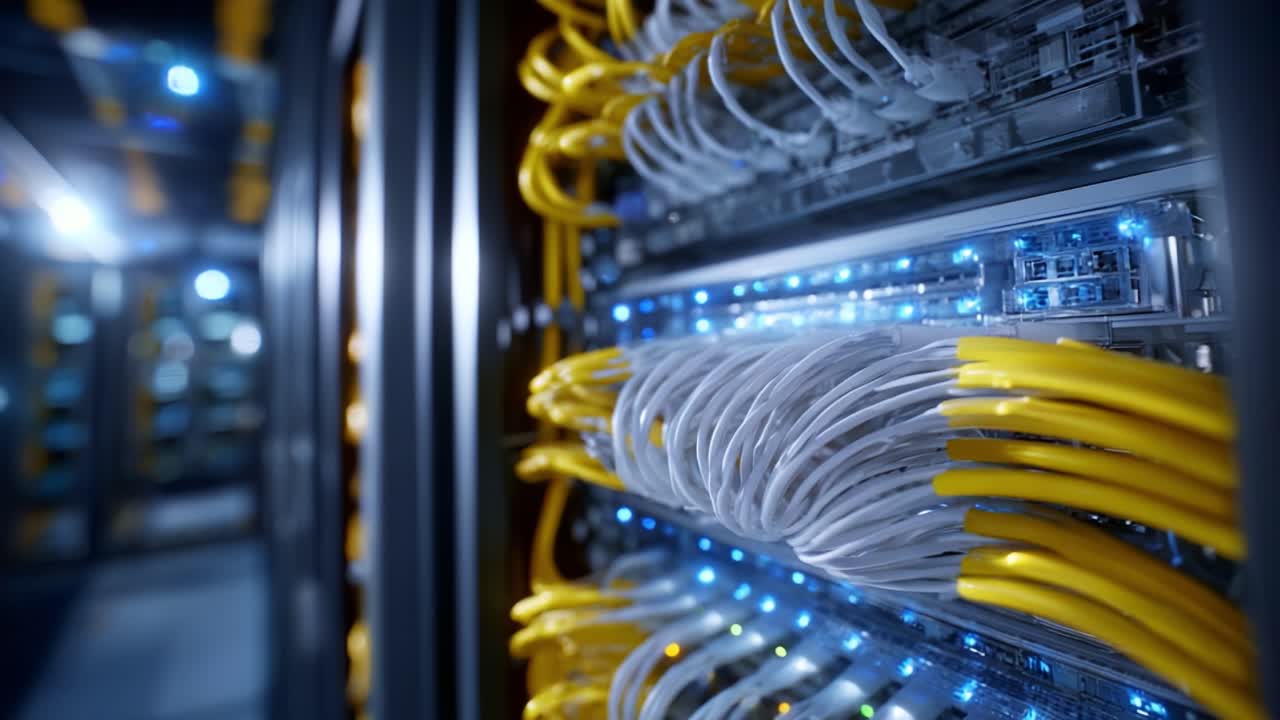 A Close-Up View of Network Cables and Switches in a Modern Data Center Showcasing Fiber Optic Connectivity and High-Speed Data Transmission Setup