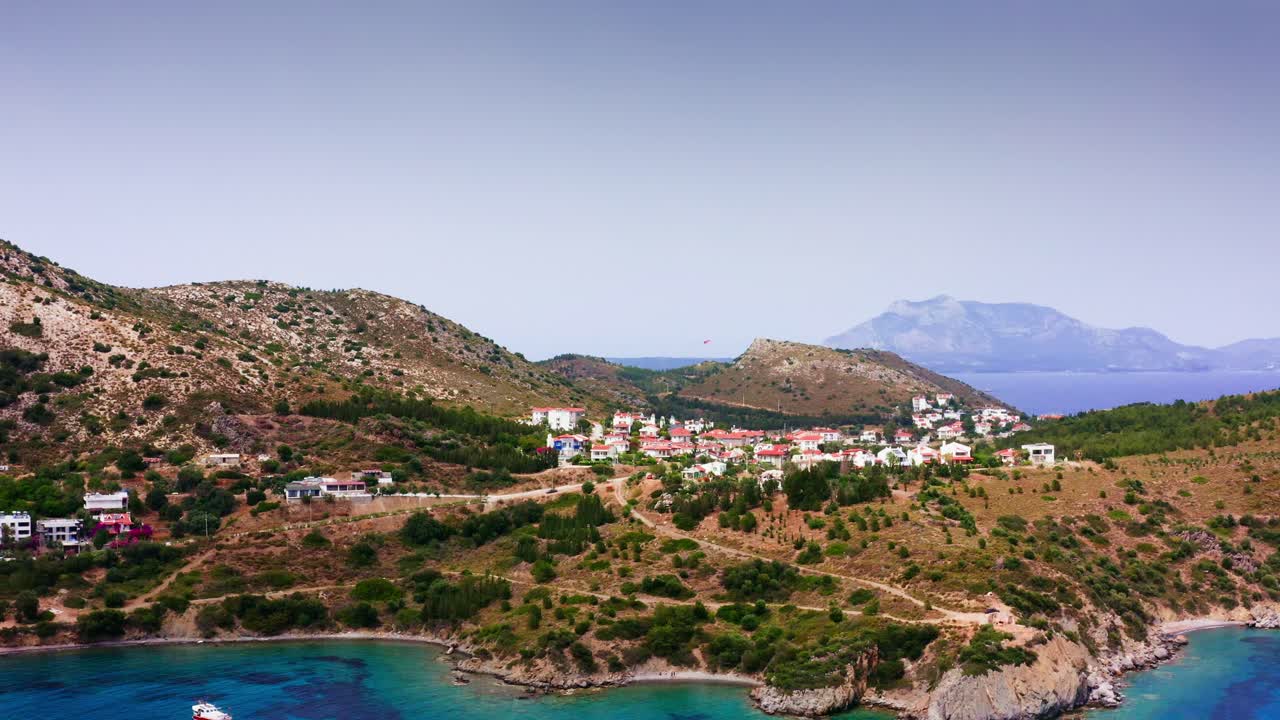 Panoramic scenery of Kargı lagoon with small village on plateau among mountains, Dat&ccedil;a, Turkey