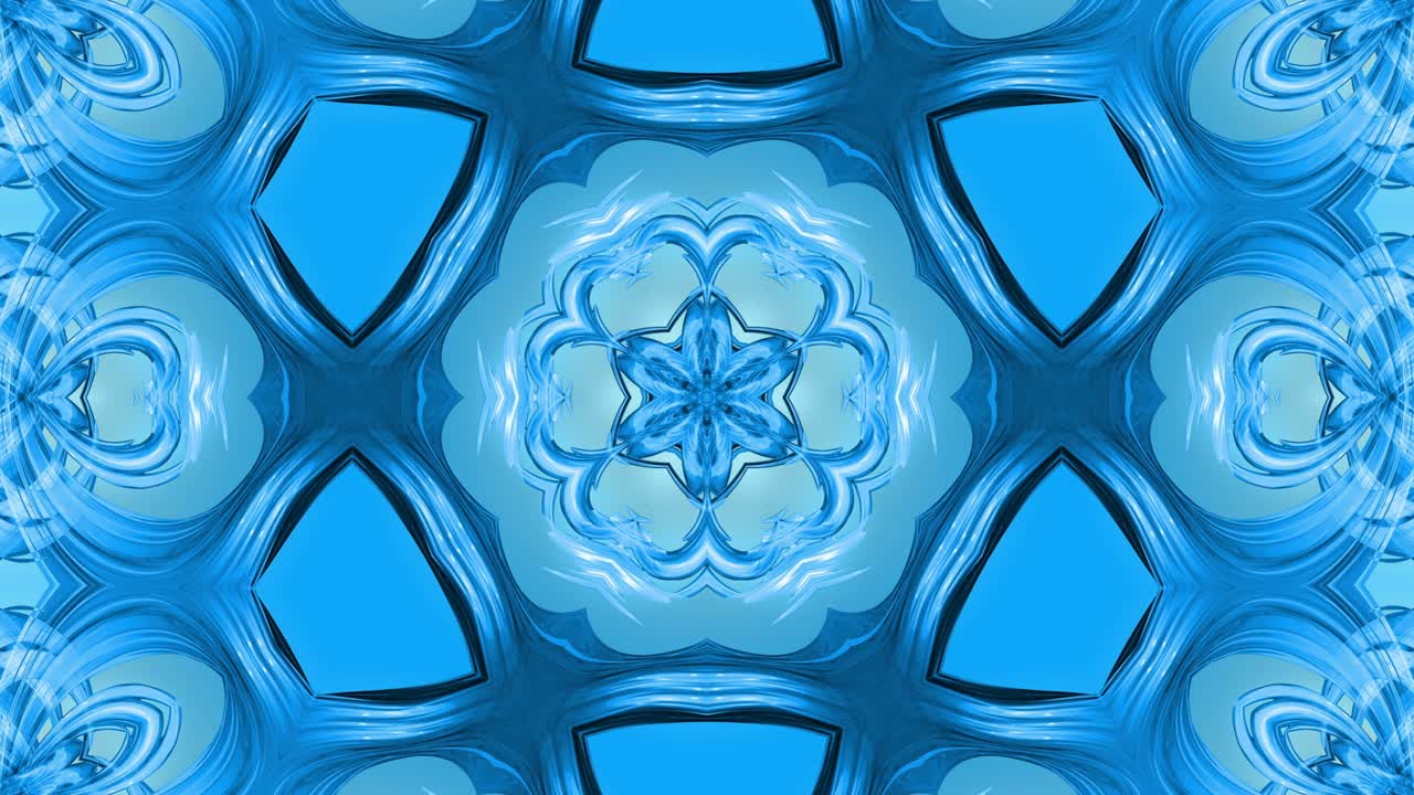 animación en bucle 3d, un fondo abstracto con cintas azules girando y formando estrellas o copos de nieve como con un efecto caleidoscópico. imágenes sin costuras de 4k con luma matte como canal alfa. 27