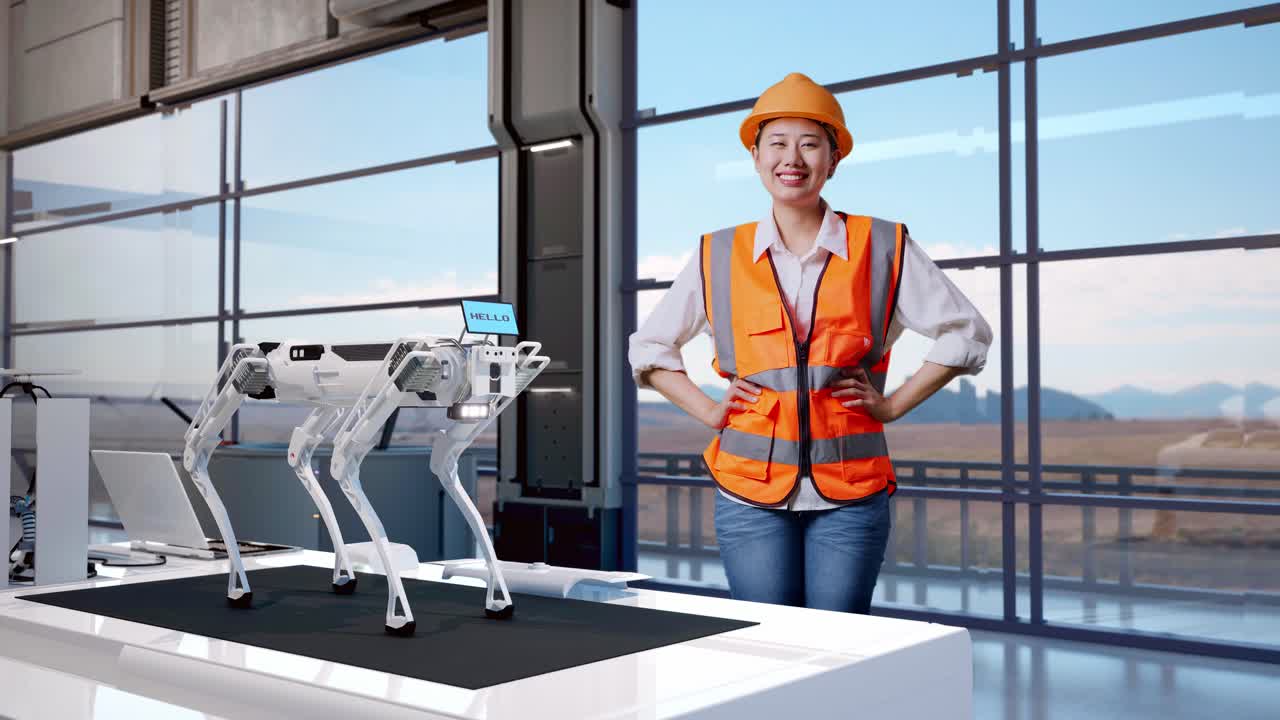 Woman Engineer and Robotic Dog in a Modern Factory