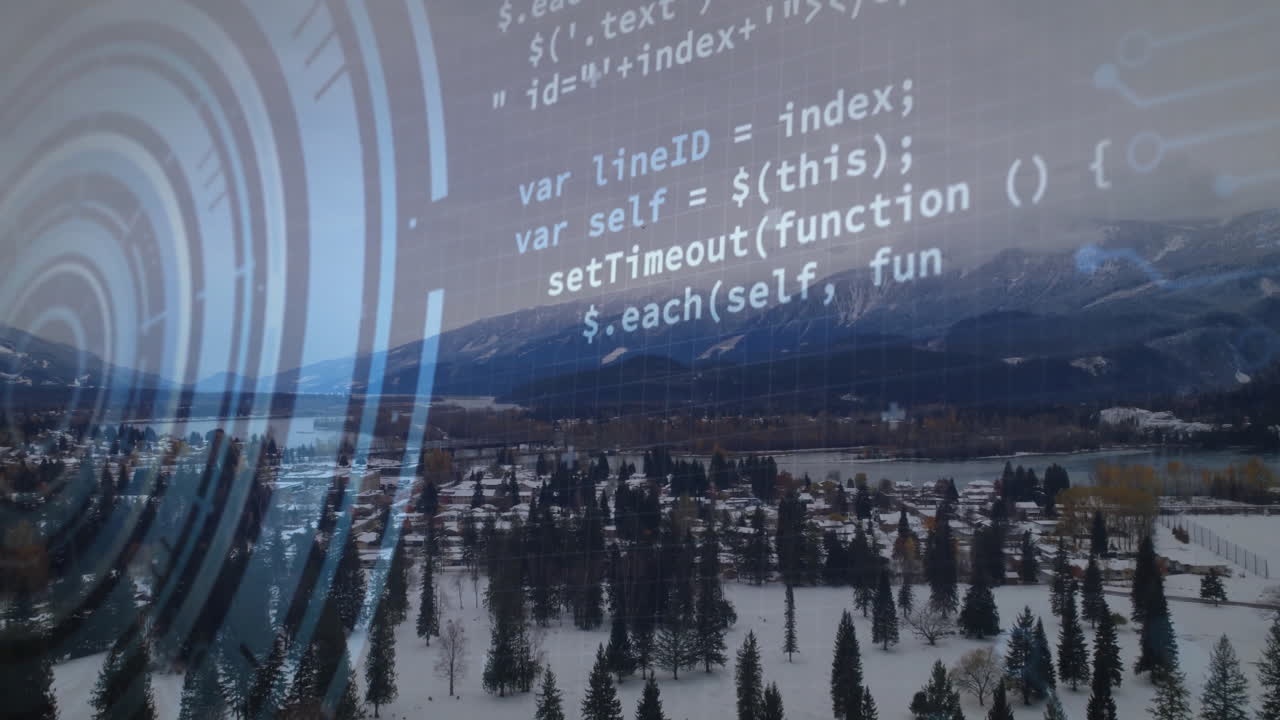 цифровые элементы интерфейса анимация над заснеженным ландшафтом с горами и деревьями