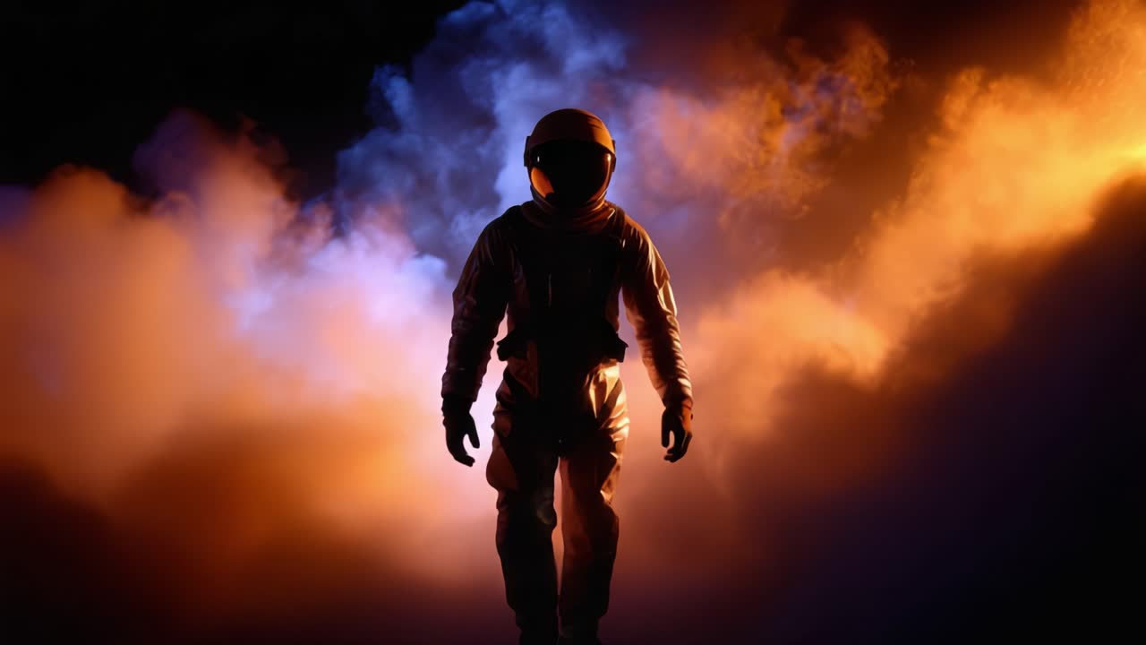 Un astronauta solitario si avventura attraverso fumo colorato, incarnando lo spirito di esplorazione e avventura nella vastità dello spazio, abbracciando il viaggio sconosciuto che lo attende.