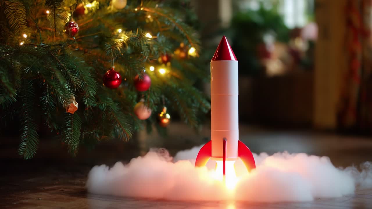 A festive rocket launch scene captured in a cozy environment, with a beautifully decorated Christmas tree in the background, emitting bright lights and smoke while creating a playful holiday atmosphere