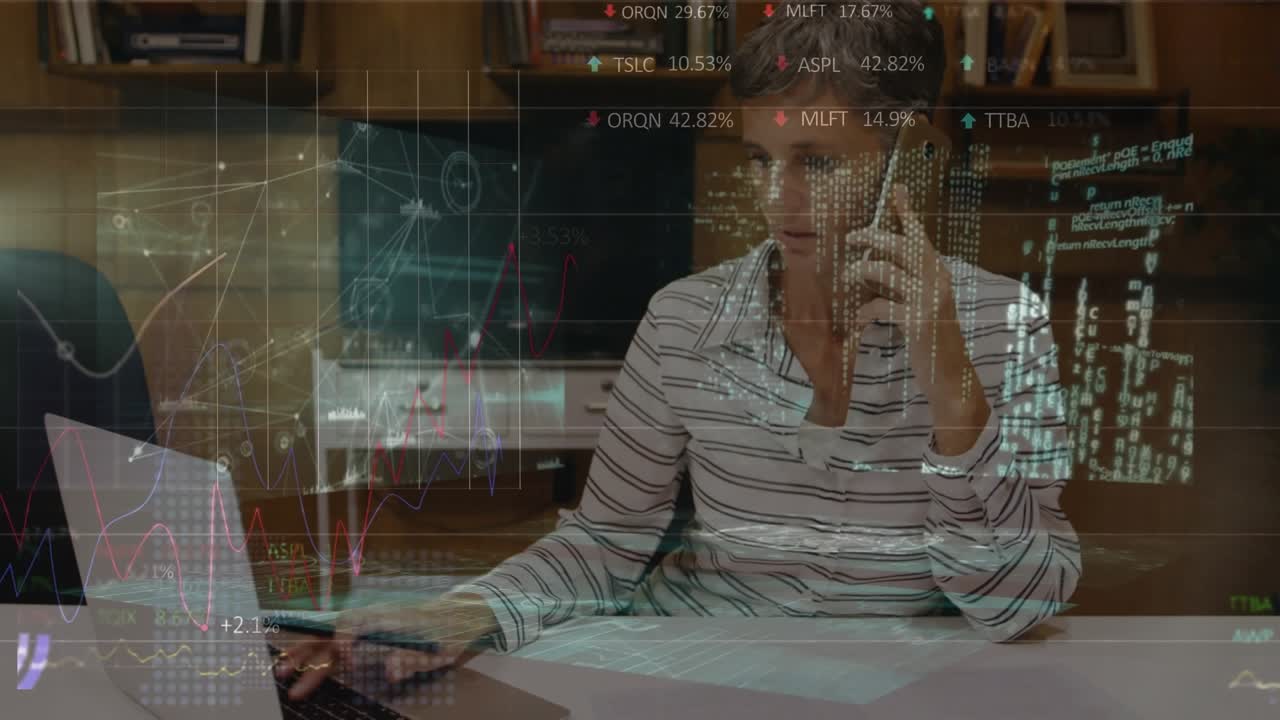 Animation of data processing over caucasian businesswoman in office