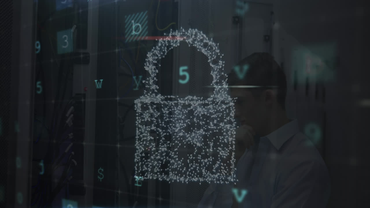 animación del procesamiento de datos sobre un candado de seguridad digital en línea y un fondo oscuro