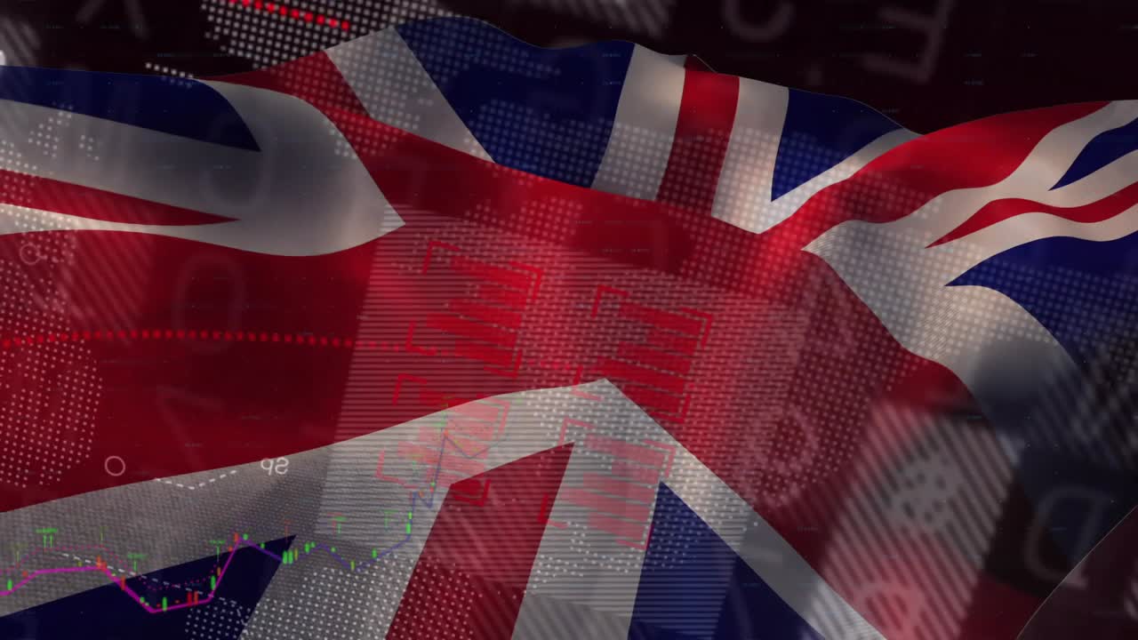 All'inizio, la bandiera Union Jack fluttua, i nodi appaiono e i grafici pulsano per visualizzare le tendenze di mercato.