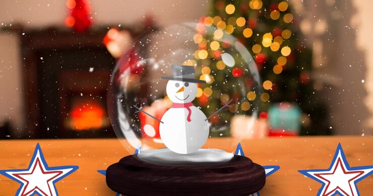 Animation of snow globe with snowman and christmas baubles over snow falling and text