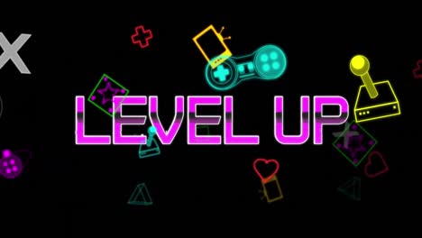 Animation-of-level-up-text-banner-over-multiple-video-game-controller-icons-against-black-background
