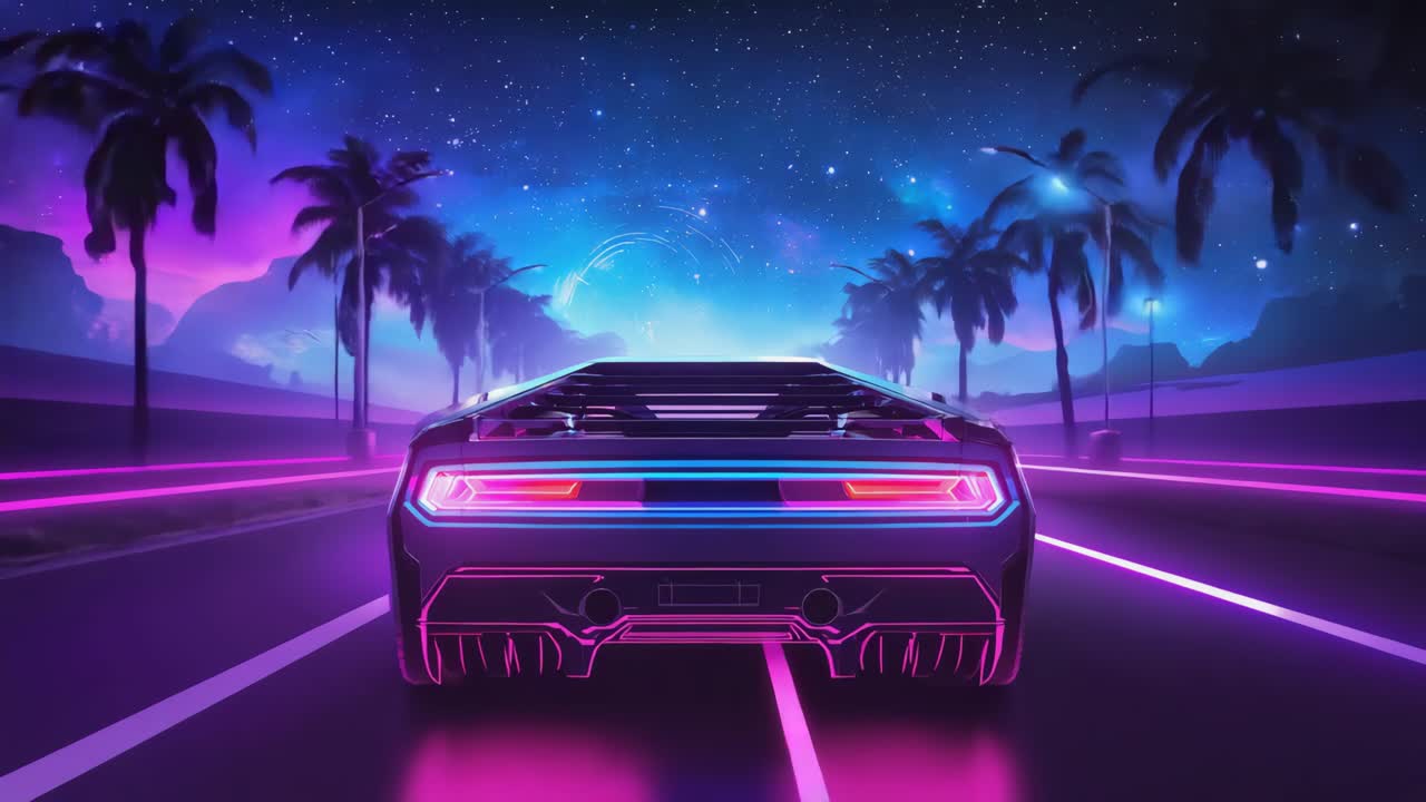 Neon car driving at night