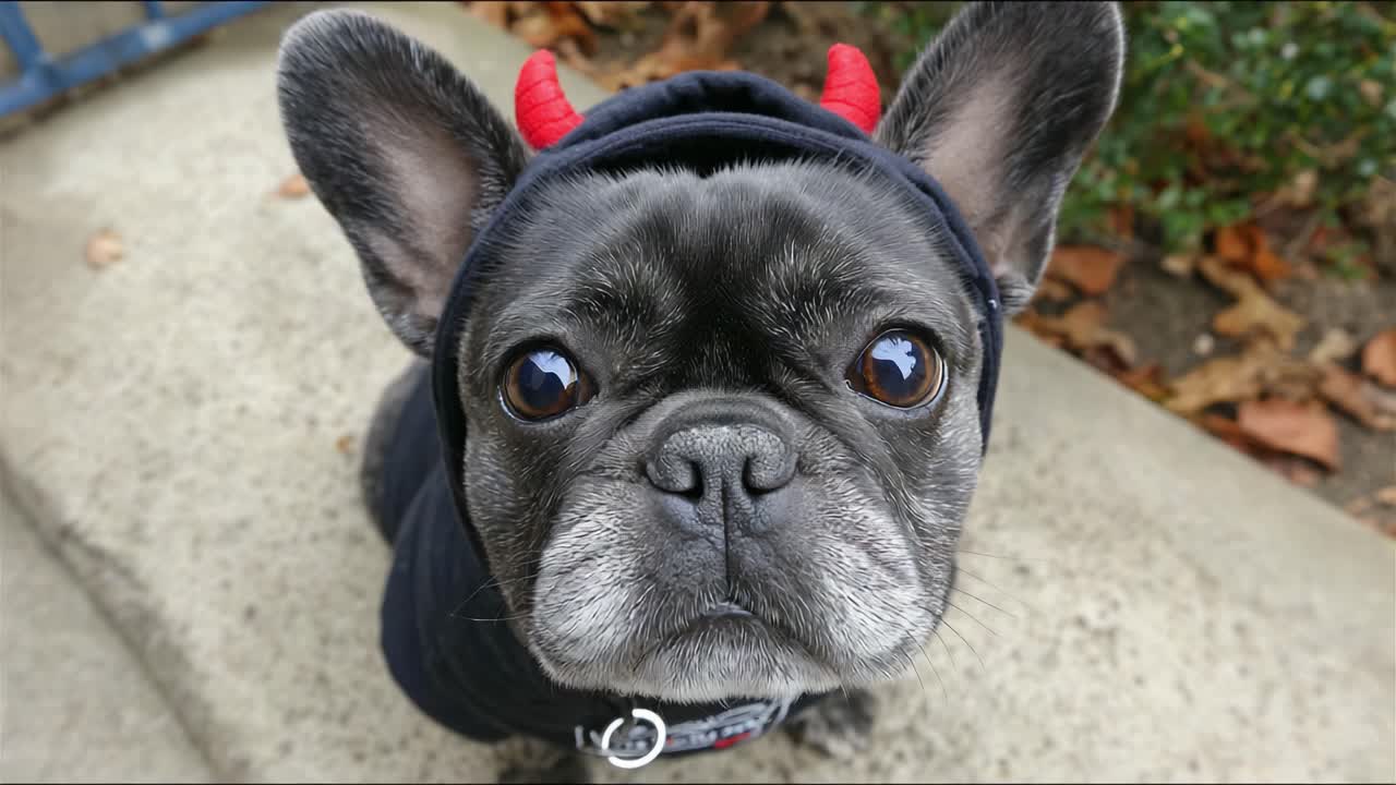 Adorable French Bulldog Dressed as a Little Devil: Captivating Close-Up Shots Highlighting Its Playful Expression and Cute Costume