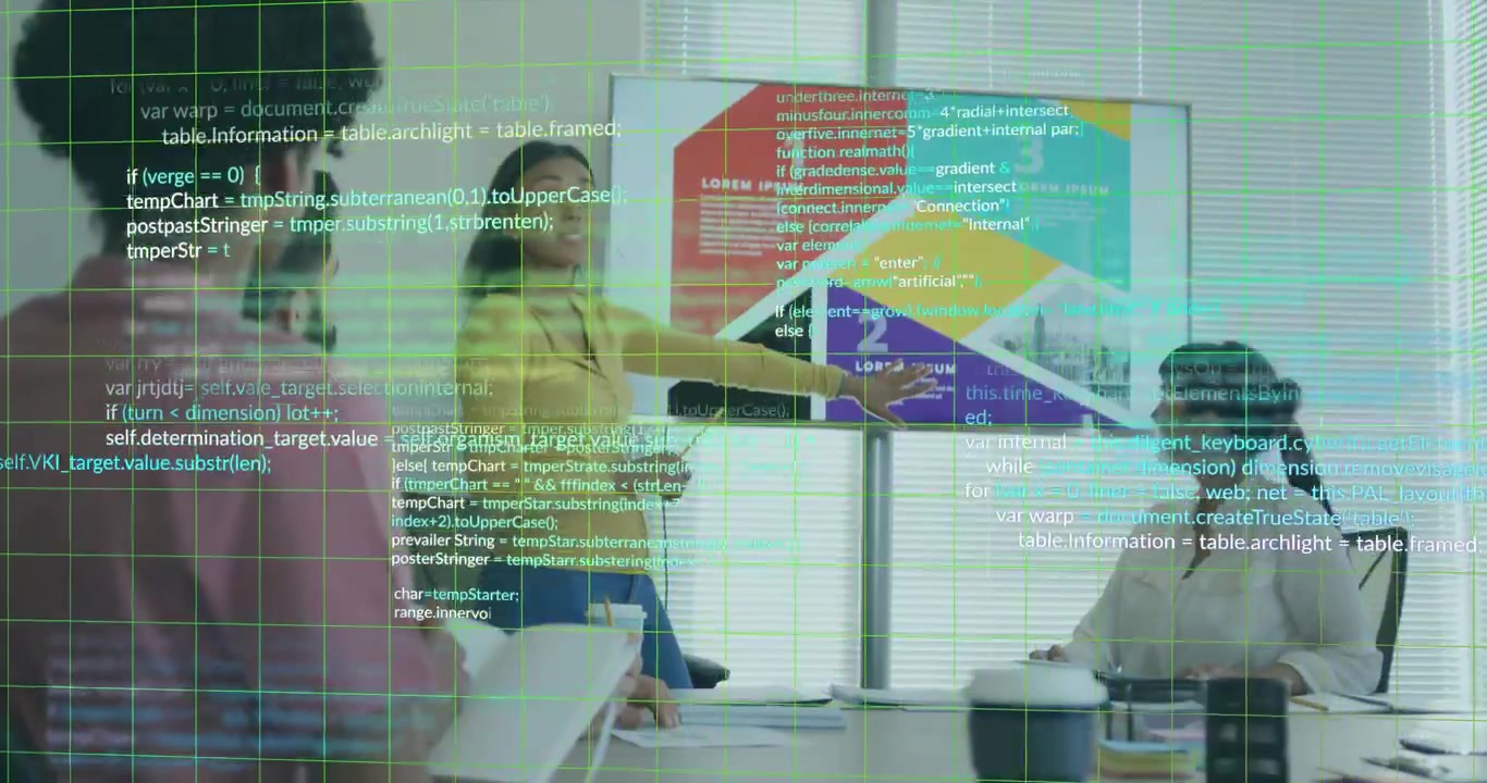 Presenter rising to screen in business meeting, presenting infographic as colleagues taking notes