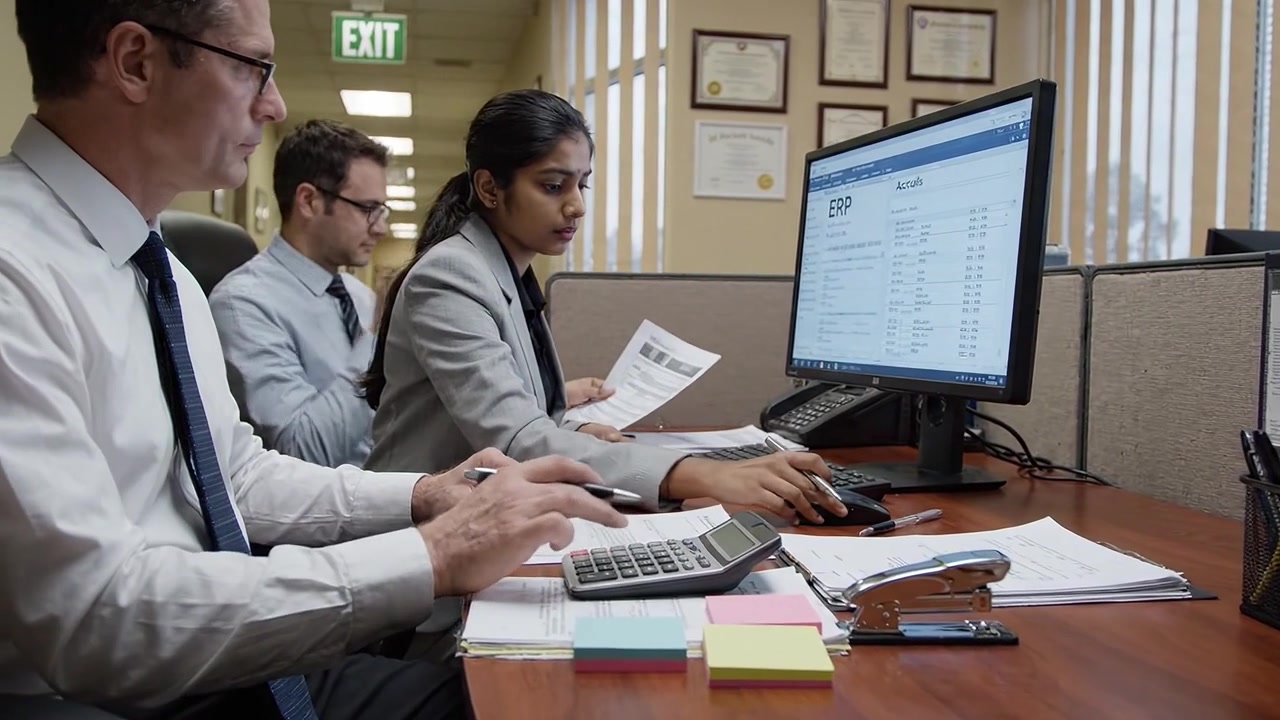 Equipo colaborando en análisis de negocios en una estación de trabajo de computadora con informes y datos financieros en pantalla en un entorno de oficina moderno.