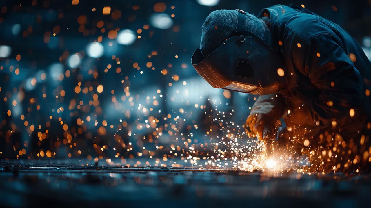 A Skilled Welder Concentrates on a Metal Joint, Creating Sparks and Glowing Arcs as Craftsmanship Shines in a Dynamic Industrial Work Environment