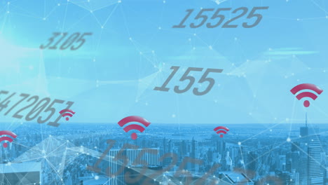 animation of numbers and net icons floating over a cityscape