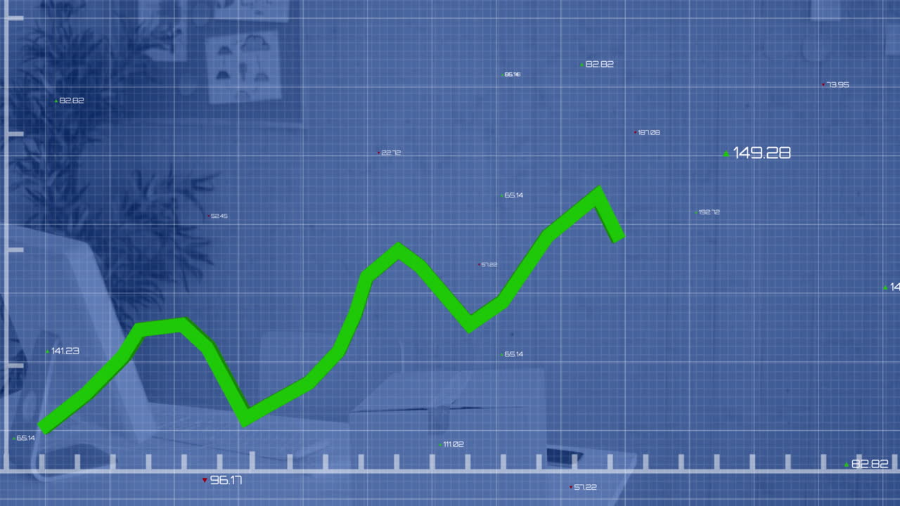 animación de un gráfico de líneas que muestra el crecimiento y los números que se mueven sobre un escritorio vacío en la oficina.