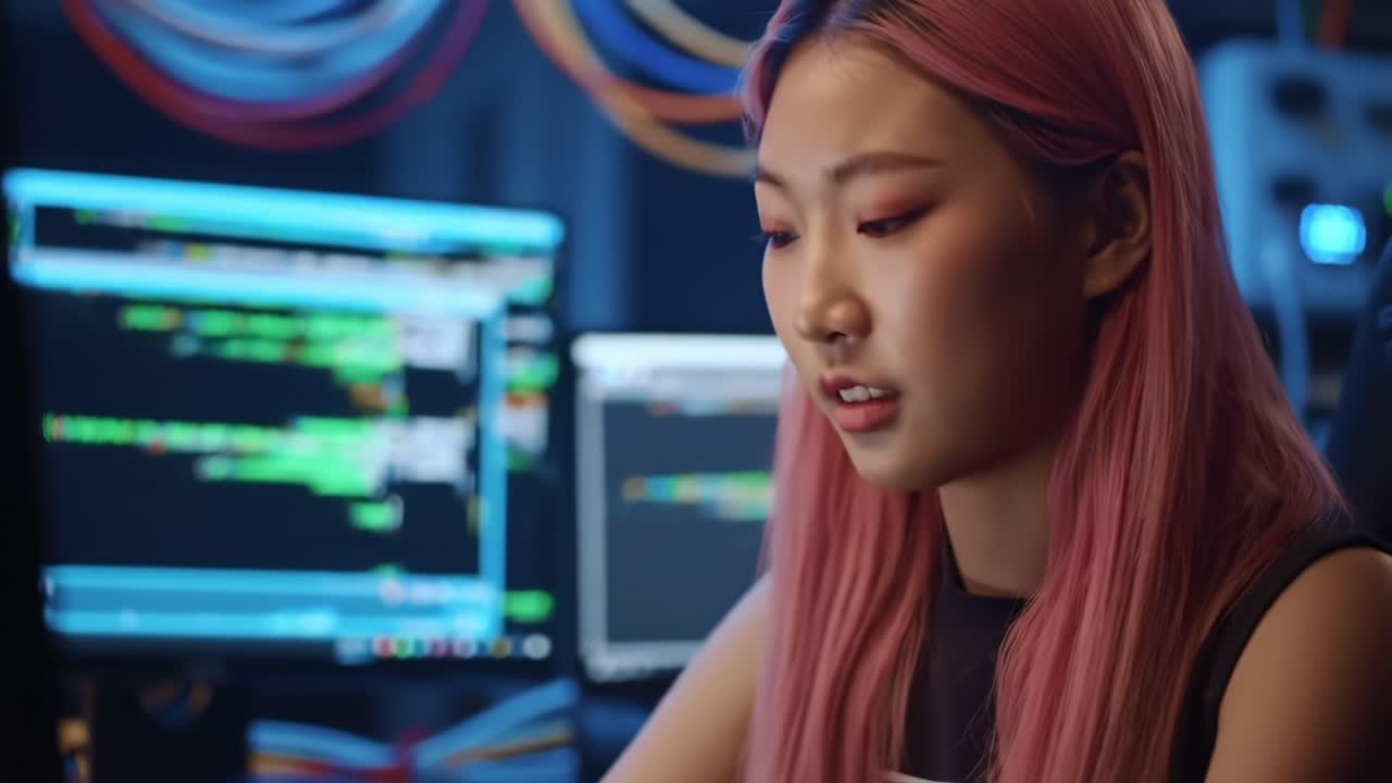 Focused on Innovation: A Coder with Pink Hair Analyzes Complex Code in a Dimly Lit Tech Environment with Colorful Cables Enhancing the Backdrop