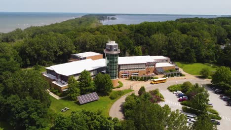 Drone-shot-of-The-Tom-Ridge-Center-on-Presque-Isle-State-Park-in-Erie-Pennsylvania