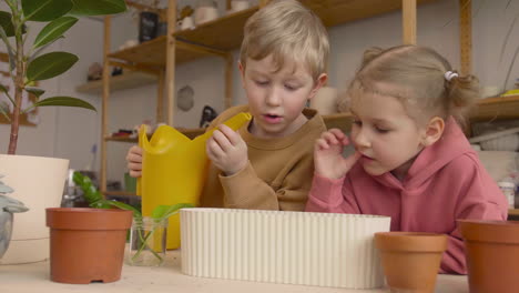 little blonde girl and blond kid watering a pot sitting at a table where is plants in a craft workshop