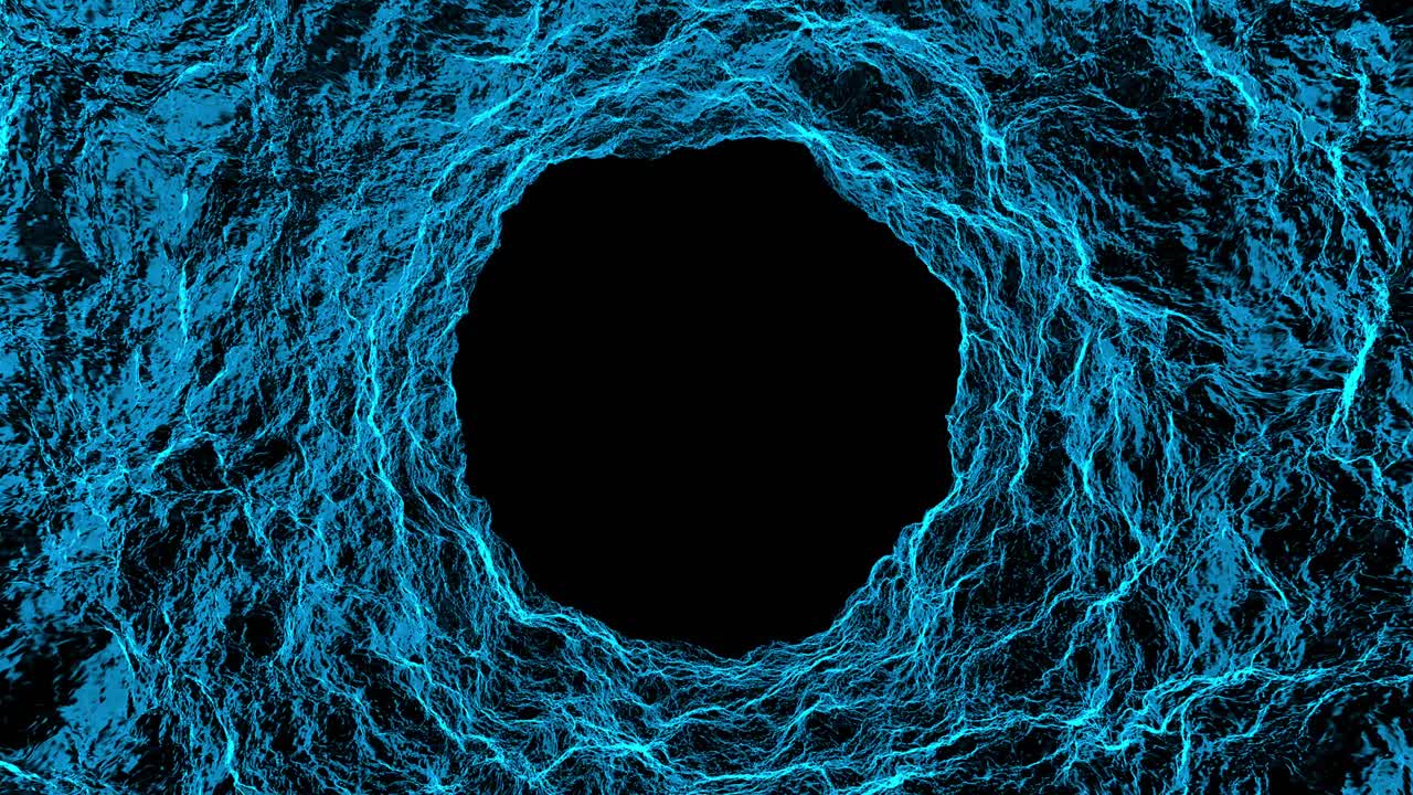 Vola attraverso un tunnel astratto con pareti blu, energiche e dalla texture acquatica, e un buco nero al centro. Loop continuo per fantascienza o tecnologia.