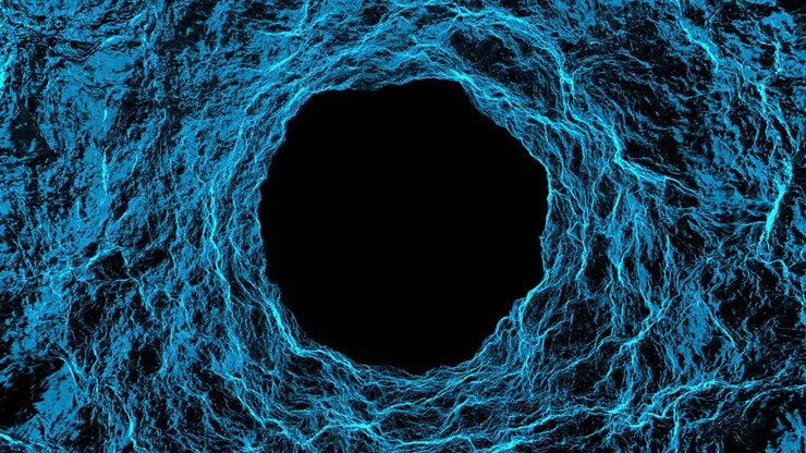 Flying through an abstract tunnel with blue, energetic, water-like textured walls and a black hole in the center. Seamless loop for sci-fi or tech