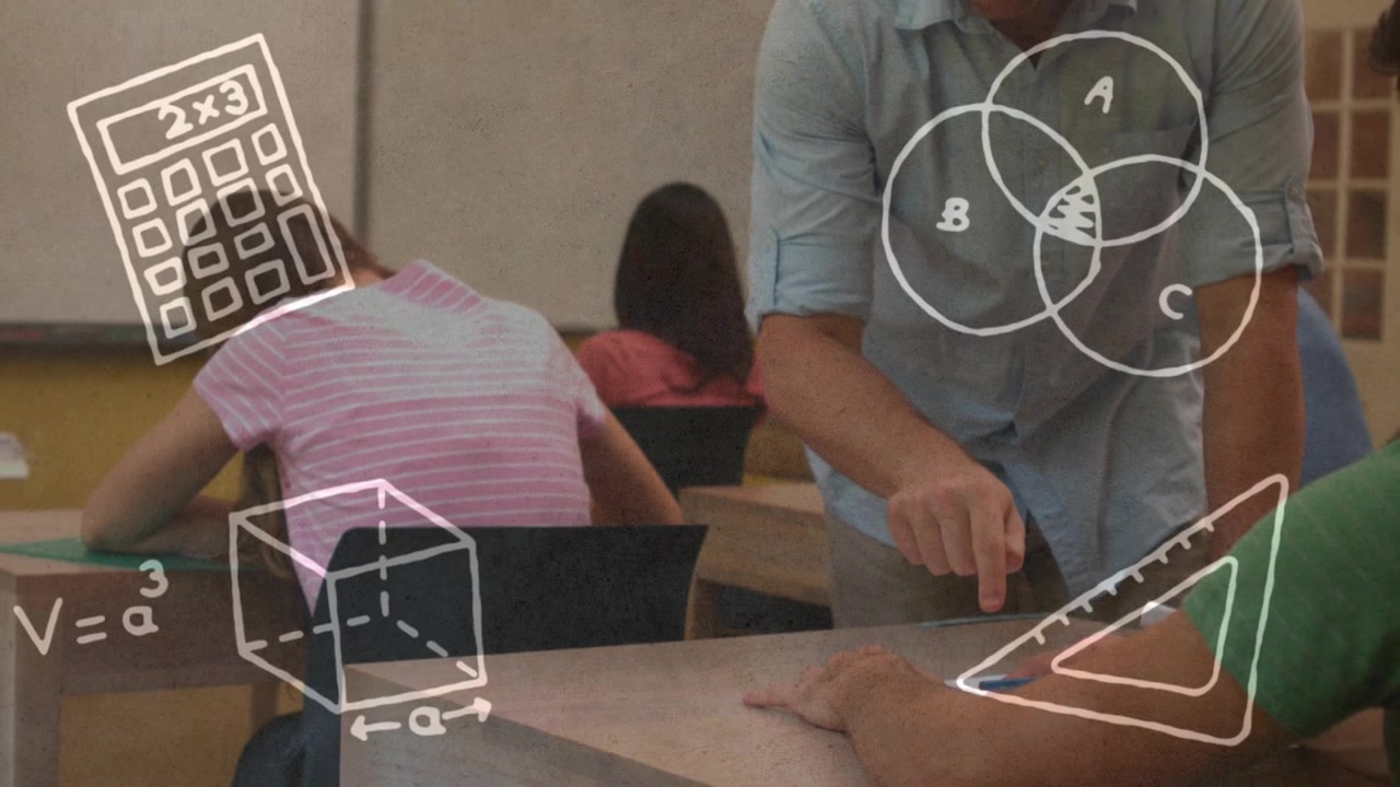 Animación de equipo de matemáticas y diagramas sobre un profesor y estudiantes en una clase escolar.
