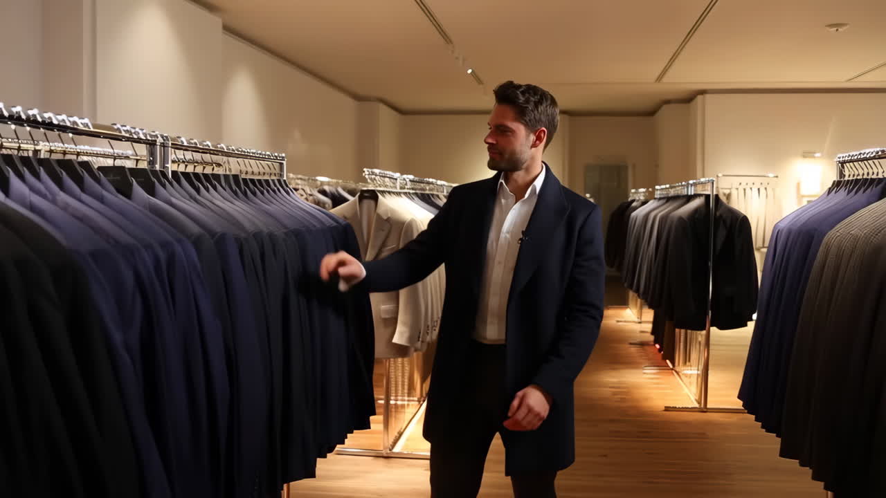 Man shopping for suits in clothing store