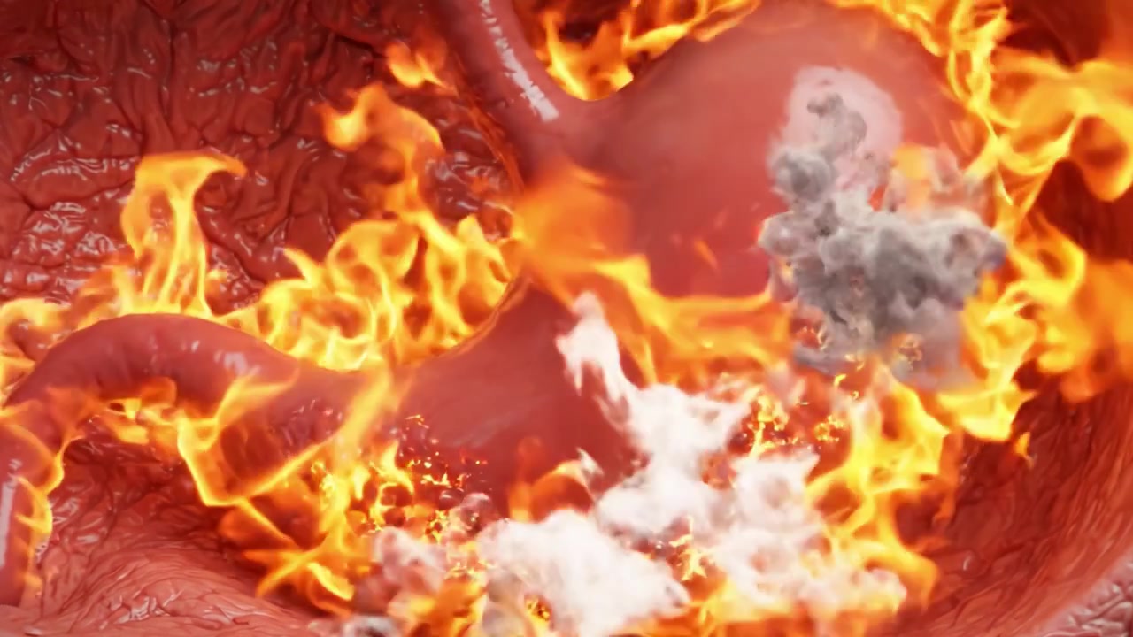 Un confronto visivo tra uno stomaco sano e uno che subisce un cambiamento infiammatorio estremo, che mostra alterazioni strutturali e danni dovuti all'esposizione a fuoco e calore.