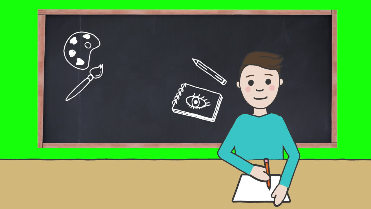 Animation of schoolboy taking notes over blackboard with school items icons on green background