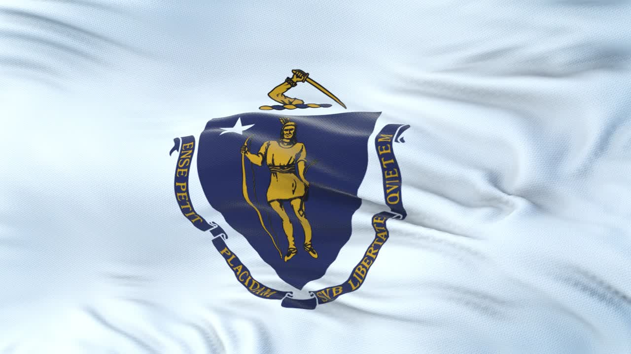 la bandera de massachusetts (estado de los estados unidos) ondeando en el viento con una textura de tela muy detallada. bucle sin costuras