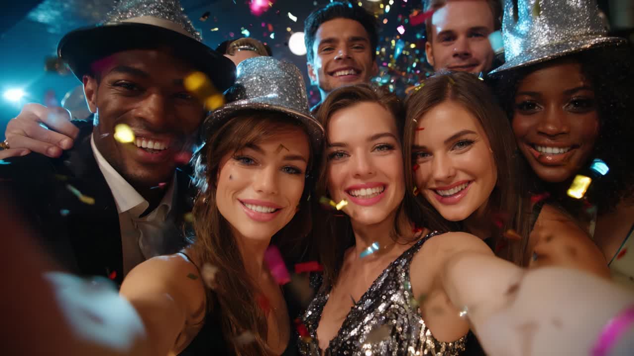 Celebrazione dell'amicizia e dei momenti di gioia: un gruppo di amici con cappellini da festa che sorridono insieme durante una vivace festa piena di coriandoli e risate in un ambiente divertente