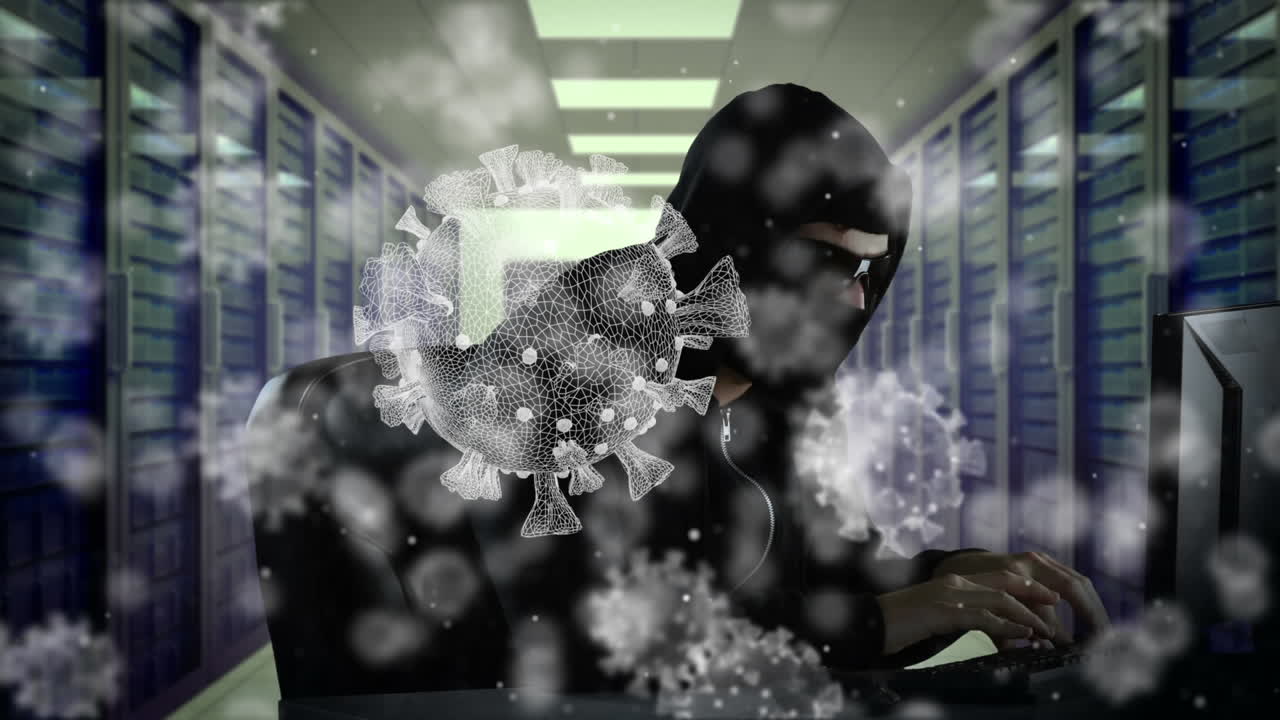 Animation of a hacker hooded man in a data room over macro coronavirus COVID-19 cells floating
