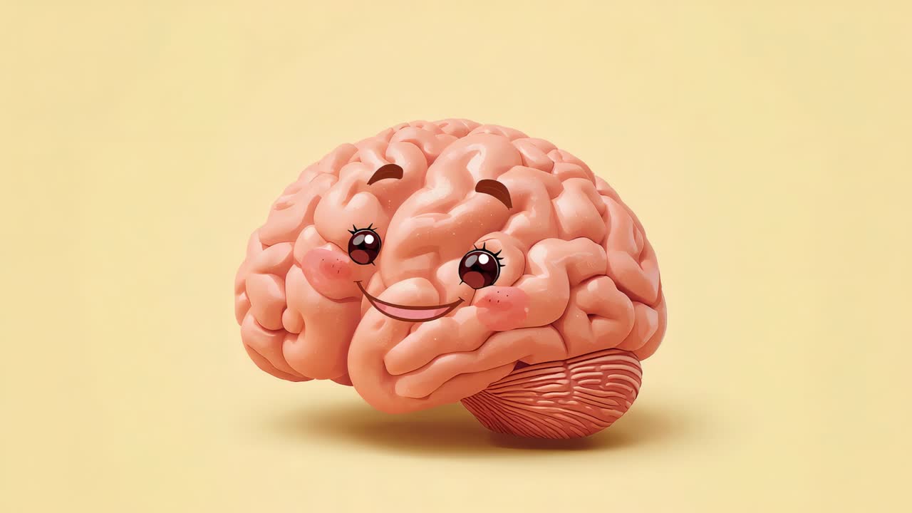 Upon playback, 3D pink cartoon brain cycling grin and bouncing expression on pale yellow backdrop