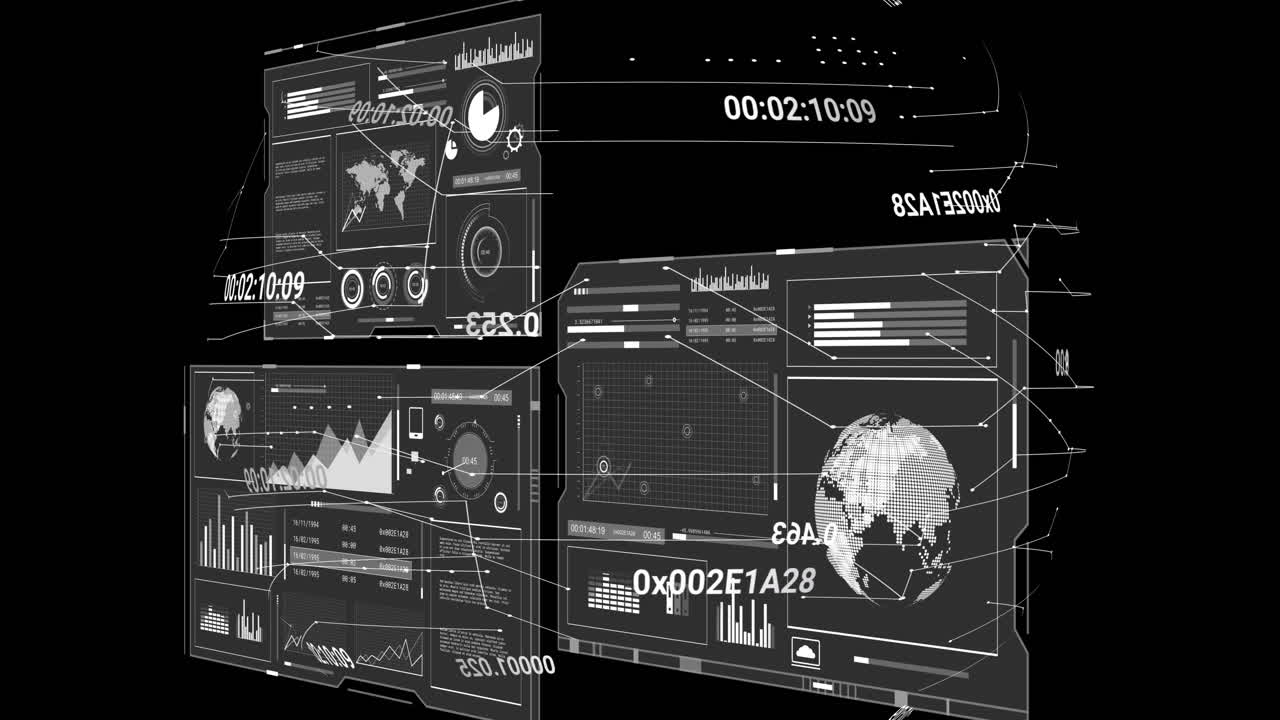 검은색 바탕에 전 세계에 대한 데이터 처리 및 세계 지도의 애니메이션
