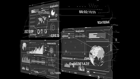 Animation of data processing and world map over globe on black background