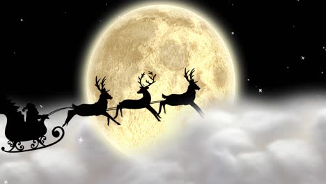 Animation-of-santa-claus-in-sleigh-with-reindeer-moving-over-clouds-and-moon