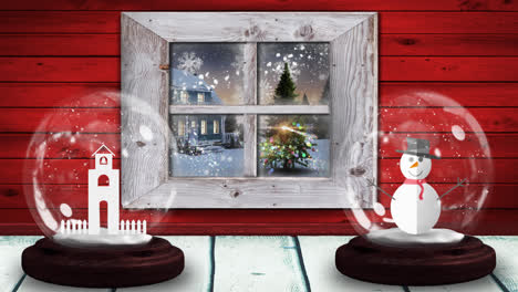 animation of two snow globes with snowman and church tower with winter scenery seen through window