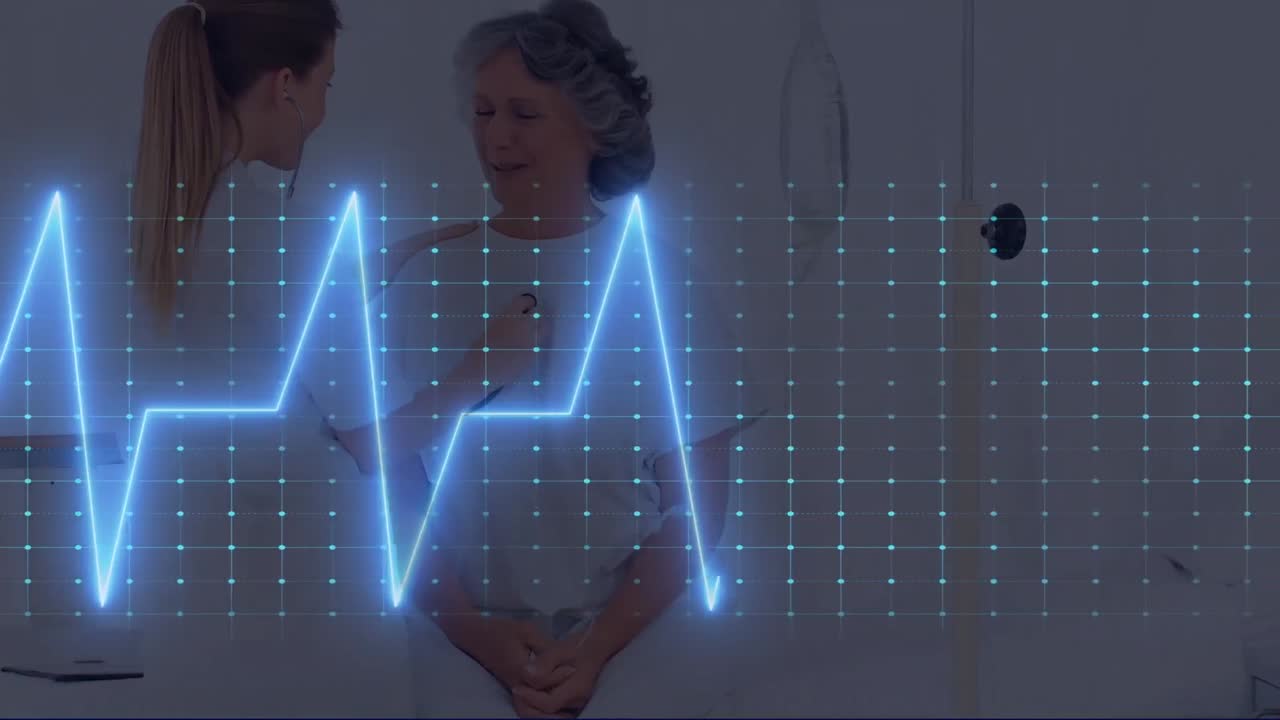 노인 환자와 함께 백인 여성 의사 위의 생명선의 애니메이션