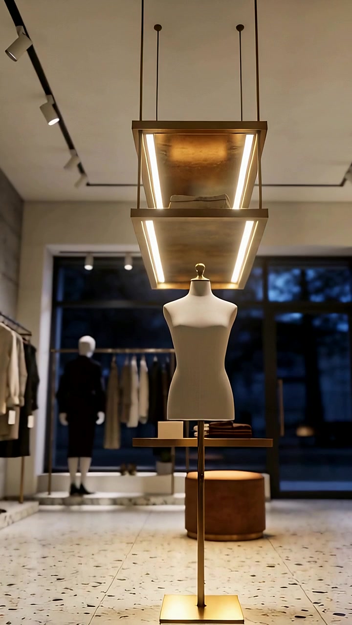 Vertical video: Moving camera through boutique, highlighting torso form beneath pendant lights